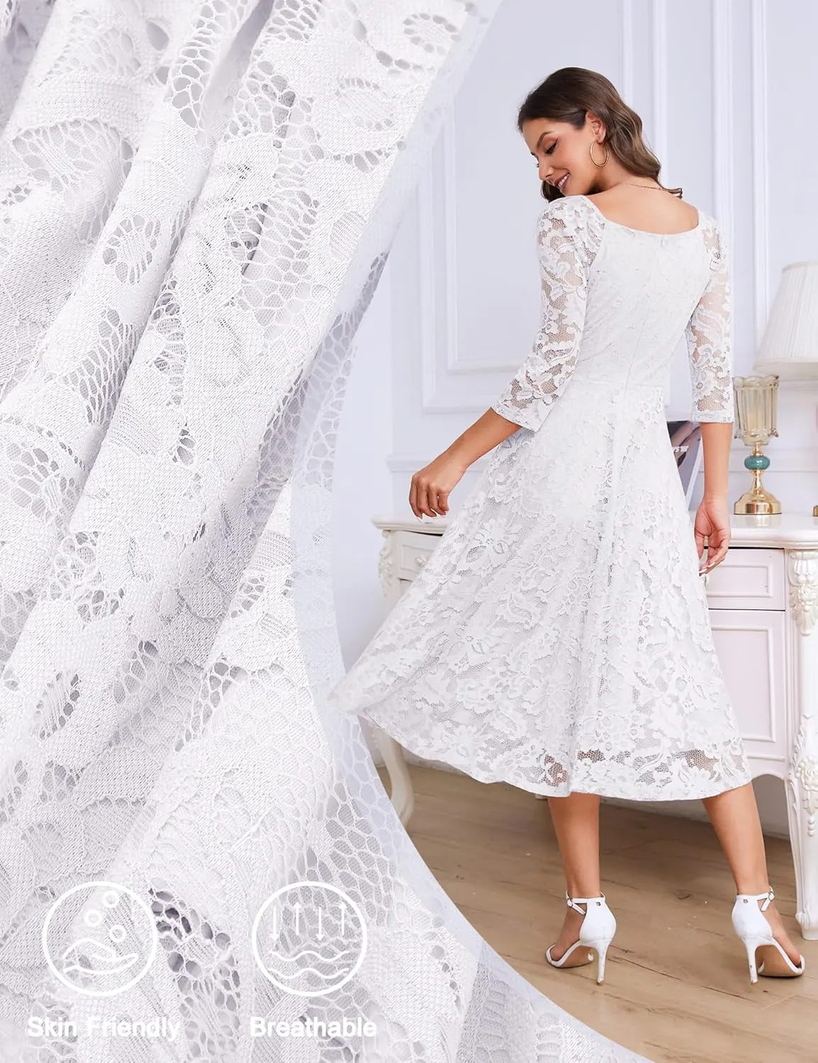 Dressystar Womens Long-Sleeve Wedding Guest Dress A-Line Lace Formal Party Cocktail Midi Dress Prom Gown