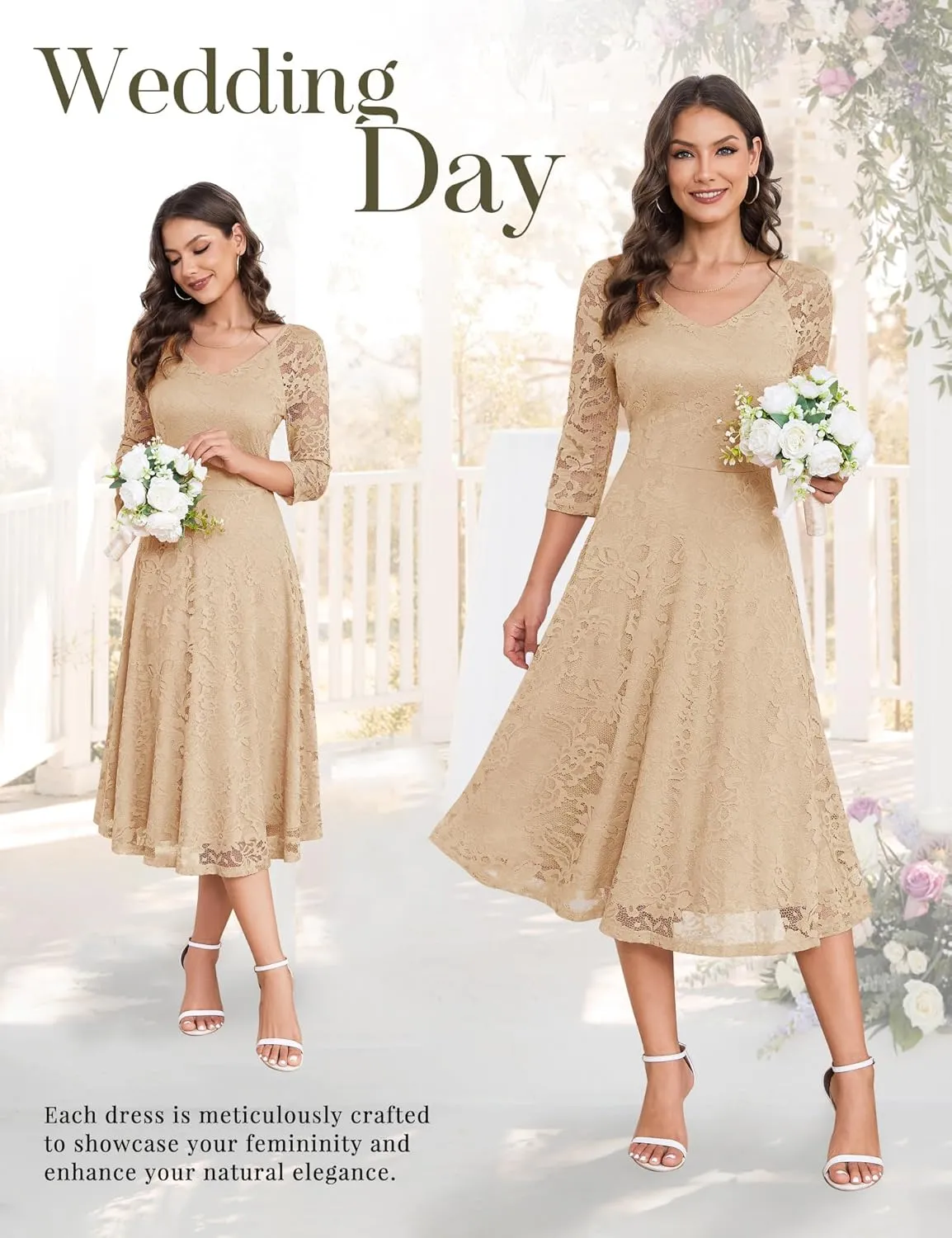 Dressystar Womens Long-Sleeve Wedding Guest Dress A-Line Lace Formal Party Cocktail Midi Dress Prom Gown