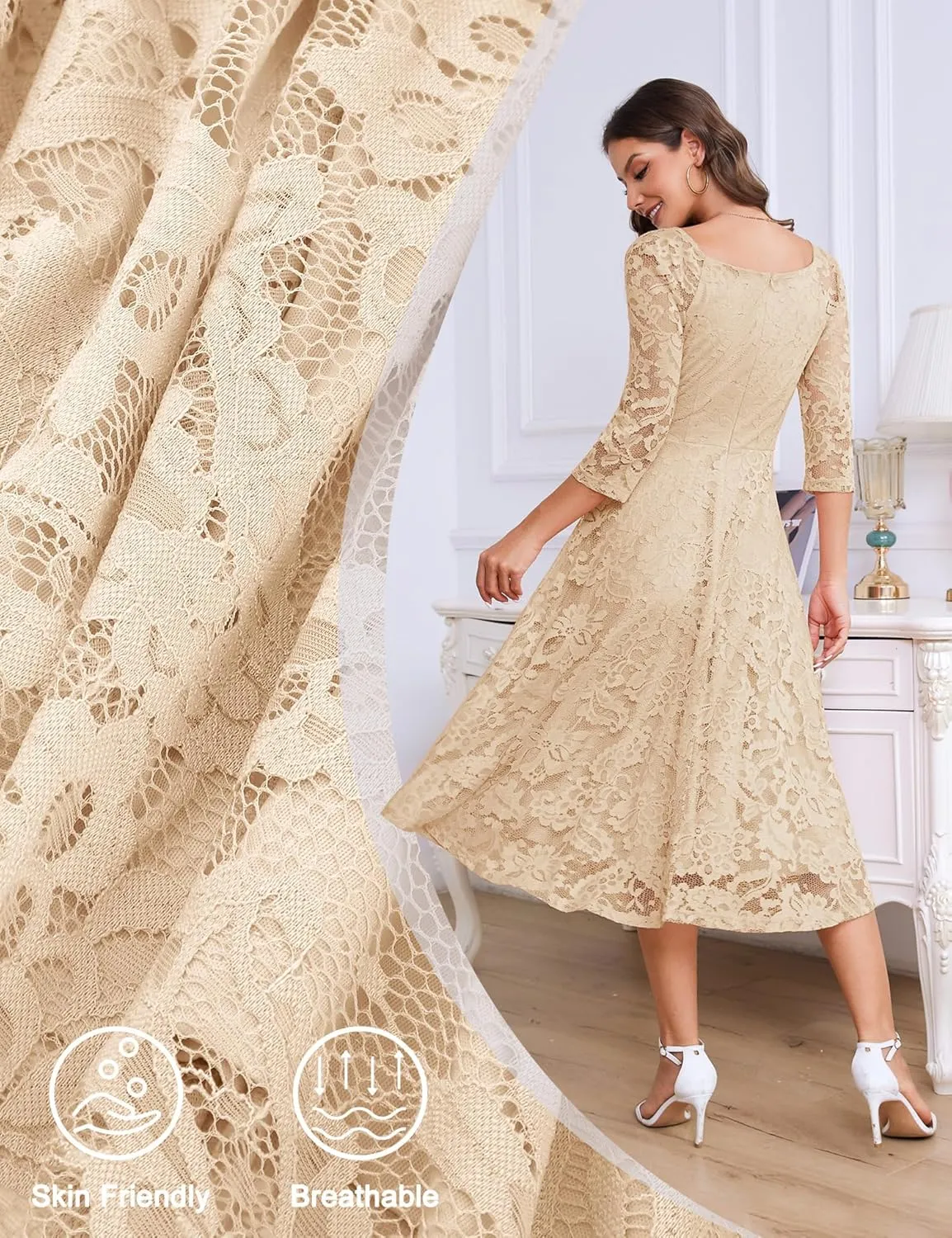 Dressystar Womens Long-Sleeve Wedding Guest Dress A-Line Lace Formal Party Cocktail Midi Dress Prom Gown