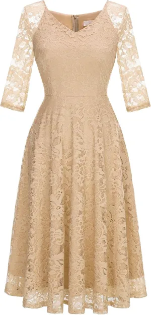 Dressystar Womens Long-Sleeve Wedding Guest Dress A-Line Lace Formal Party Cocktail Midi Dress Prom Gown