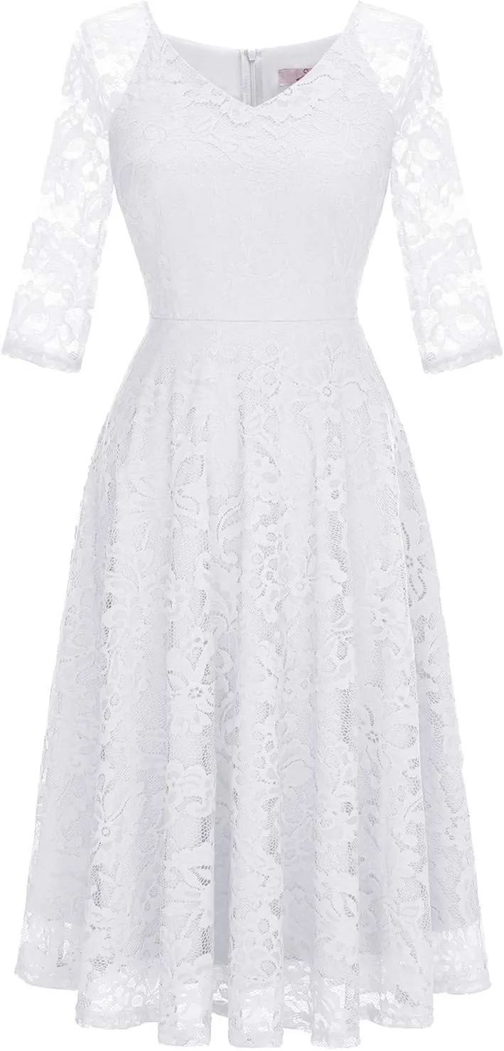 Dressystar Womens Long-Sleeve Wedding Guest Dress A-Line Lace Formal Party Cocktail Midi Dress Prom Gown