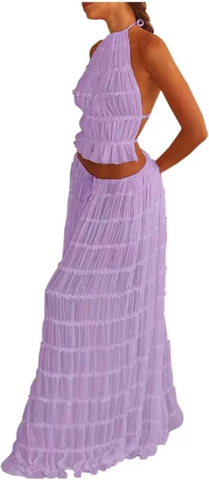 Elegant Chiffon Pleated Maxi Skirt Set with Neck Crop Top and Wooden Bead for Women Plus Size Prom Dress
