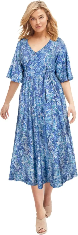 ellos Women's Plus Size Knit Midi Dress with Surplice Neckline & Waist Tie