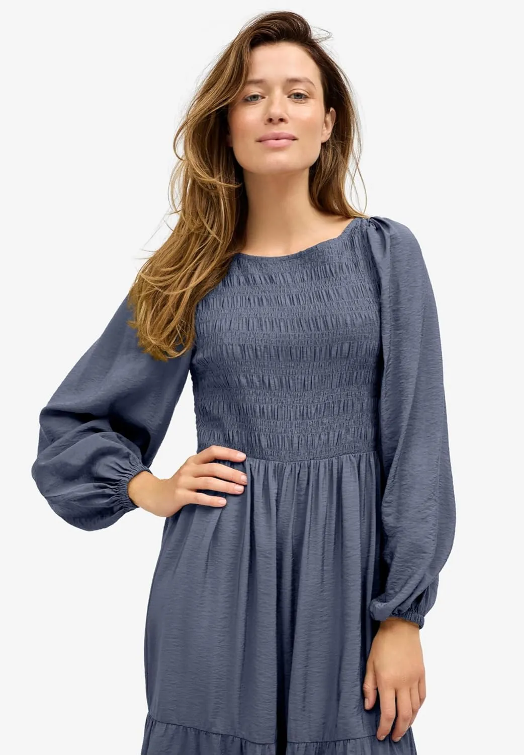 ellos Women's Plus Size Smocked Bodice Tiered Midi Dress