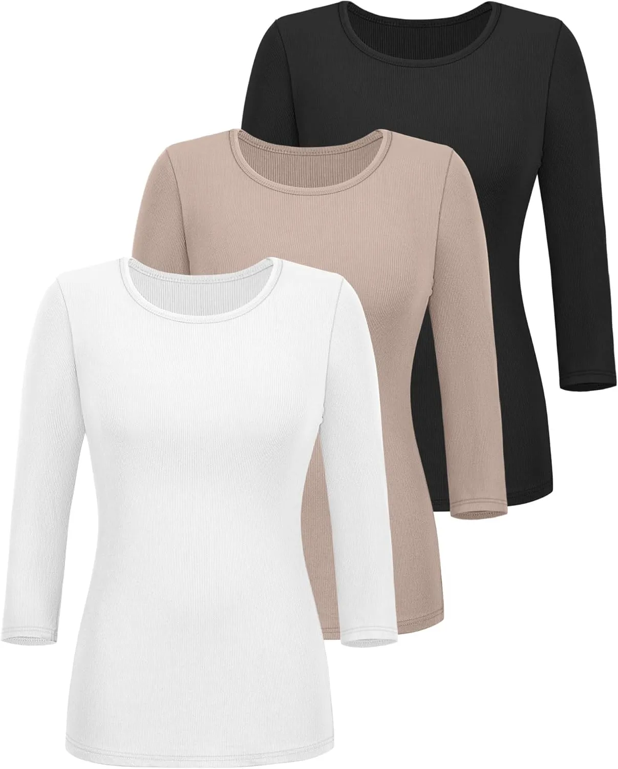 Ficerd 3 Pack 3/4 Sleeve Tops for Women, Cotton Knit Ribbed T Shirts Basic Slim Fit Stretch Tees Casual Crew Neck Shirts