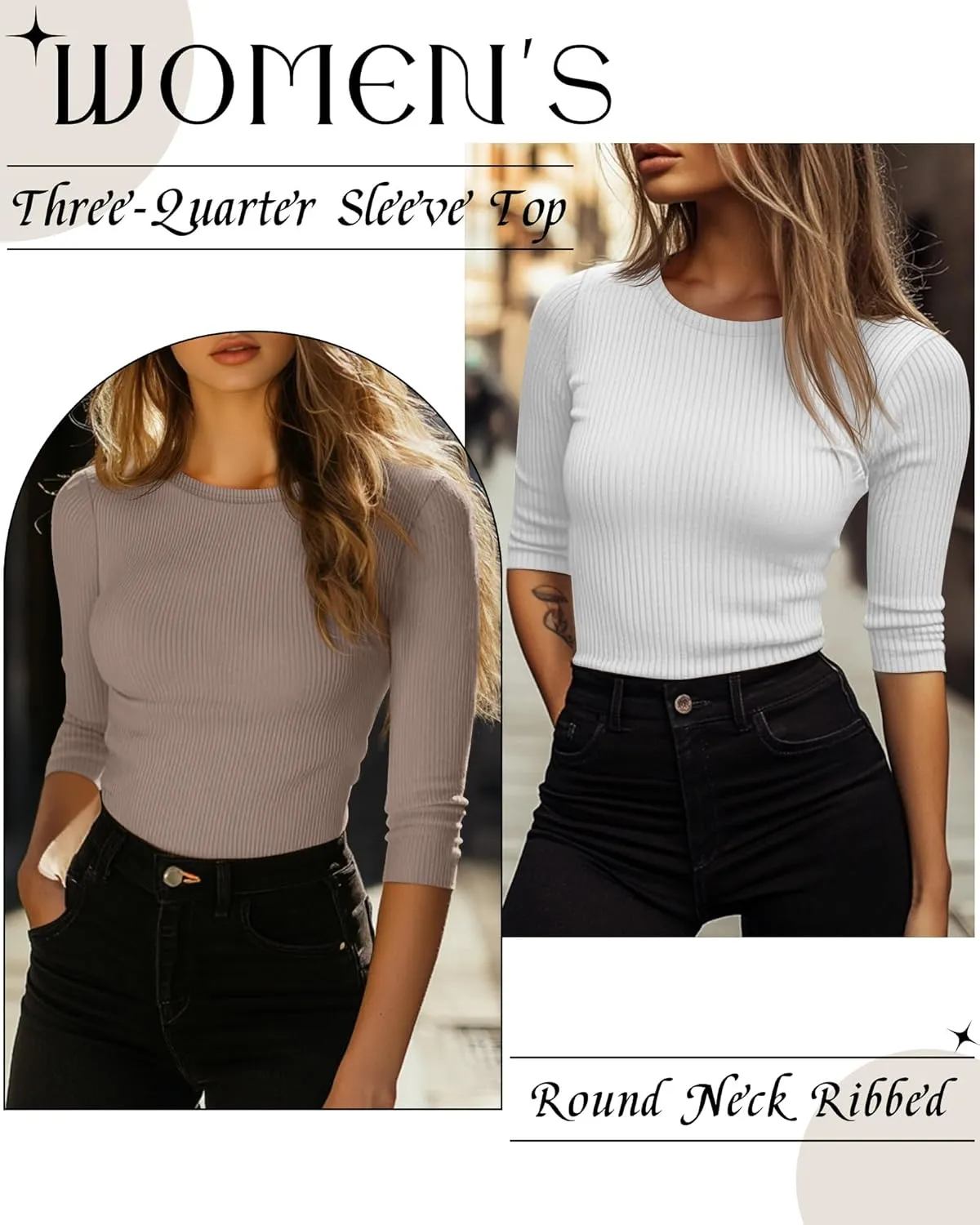 Ficerd 3 Pack 3/4 Sleeve Tops for Women, Cotton Knit Ribbed T Shirts Basic Slim Fit Stretch Tees Casual Crew Neck Shirts