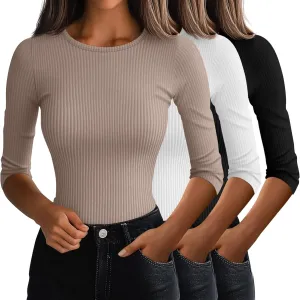 Ficerd 3 Pack 3/4 Sleeve Tops for Women, Cotton Knit Ribbed T Shirts Basic Slim Fit Stretch Tees Casual Crew Neck Shirts