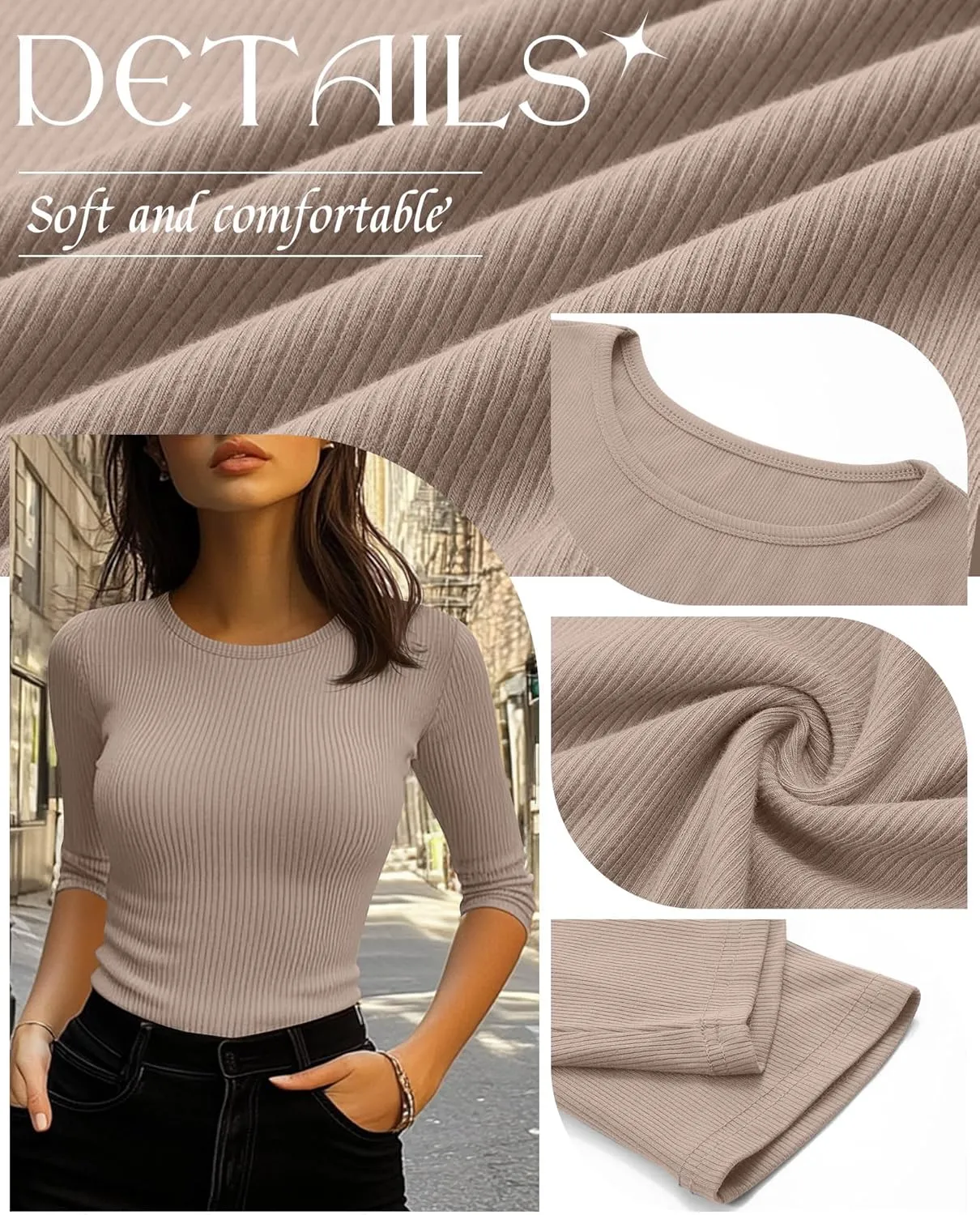 Ficerd 3 Pack 3/4 Sleeve Tops for Women, Cotton Knit Ribbed T Shirts Basic Slim Fit Stretch Tees Casual Crew Neck Shirts
