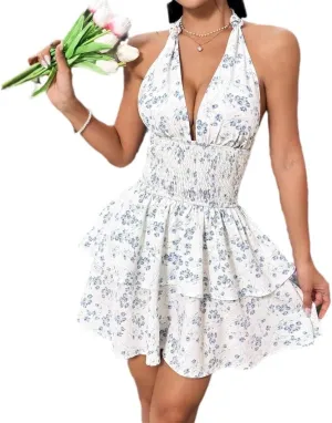 Floral Print Halter Mini Dress, White with Blue Flowers, Double Ruffle Skirt, Smocked Waist