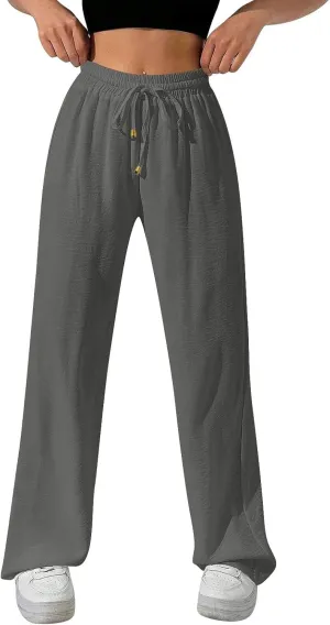 Flowy Linen Pants for Women Summer Wide Legs Pants Drawstring High Waisted Trouser Dressy Palazzo Pant with Pockets