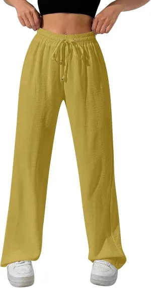 Flowy Linen Pants for Women Summer Wide Legs Pants Drawstring High Waisted Trouser Dressy Palazzo Pant with Pockets