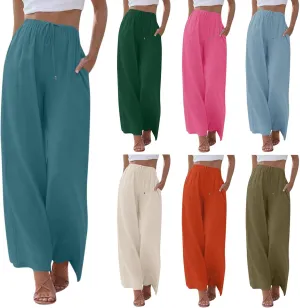 Flowy Linen Pants Women Summer Casual Loose Boho Beach Pants Drawstring High Waisted Palazzo Pants Beach Trousers