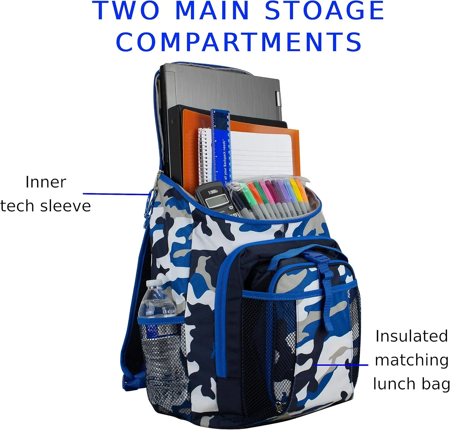 Fuel Top Loader Backpack with Lunch Box Combo  18 Two Compartment Water Resistant Durable Adjustable Straps Side Bottle Pockets 2 in 1 Set Blue Camo Army Camo