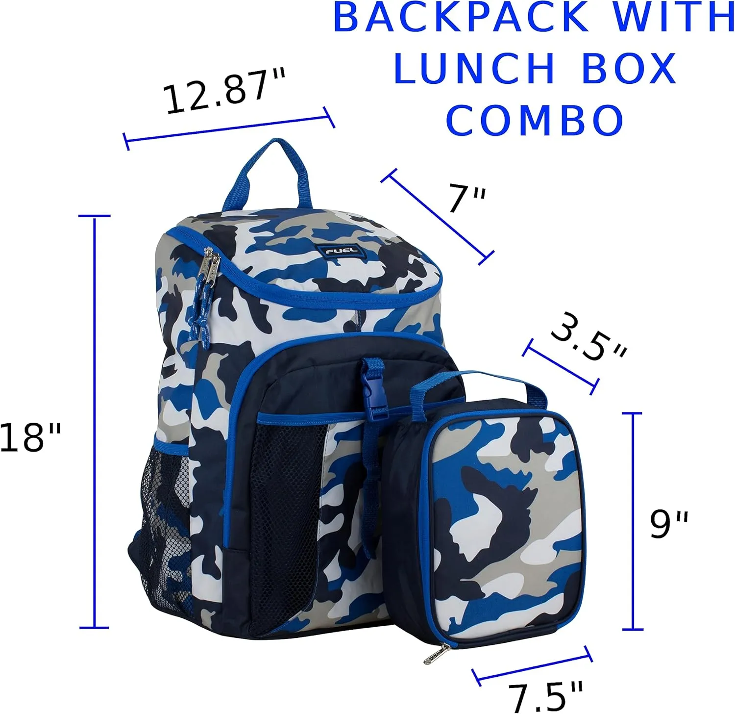 Fuel Top Loader Backpack with Lunch Box Combo  18 Two Compartment Water Resistant Durable Adjustable Straps Side Bottle Pockets 2 in 1 Set Blue Camo Army Camo