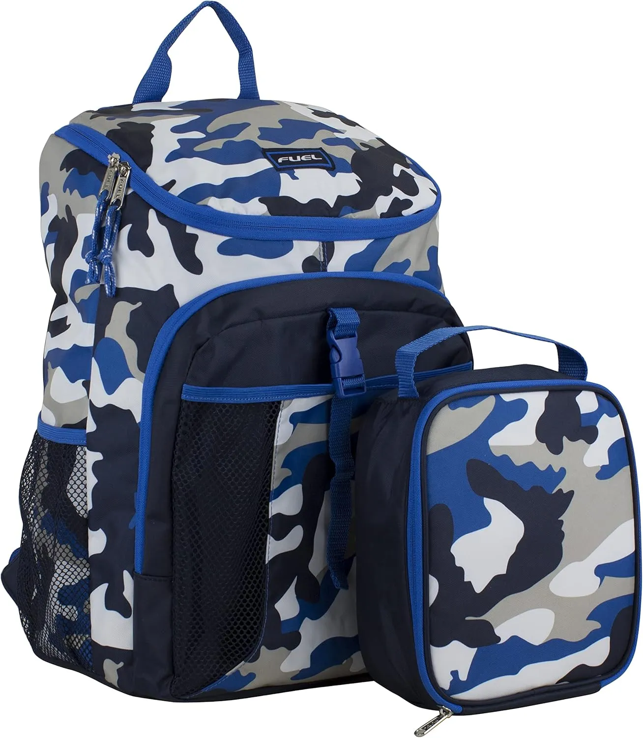 Fuel Top Loader Backpack with Lunch Box Combo  18 Two Compartment Water Resistant Durable Adjustable Straps Side Bottle Pockets 2 in 1 Set Blue Camo Army Camo