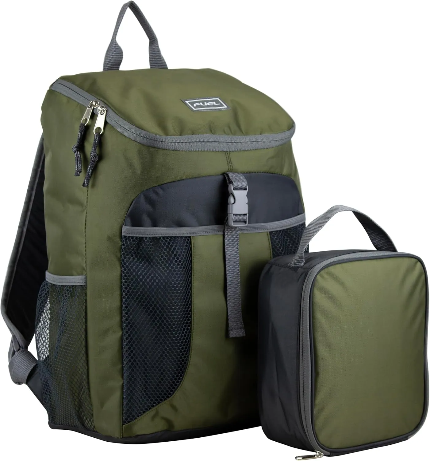 FUEL Top Loader Lunch Backpack Set Water Resistant Backpack Set Lunch Bookbag Bag Soft Reusable Insulated Cooler Lunch Box Thermal Travel Office Lunch Bag, Army Green
