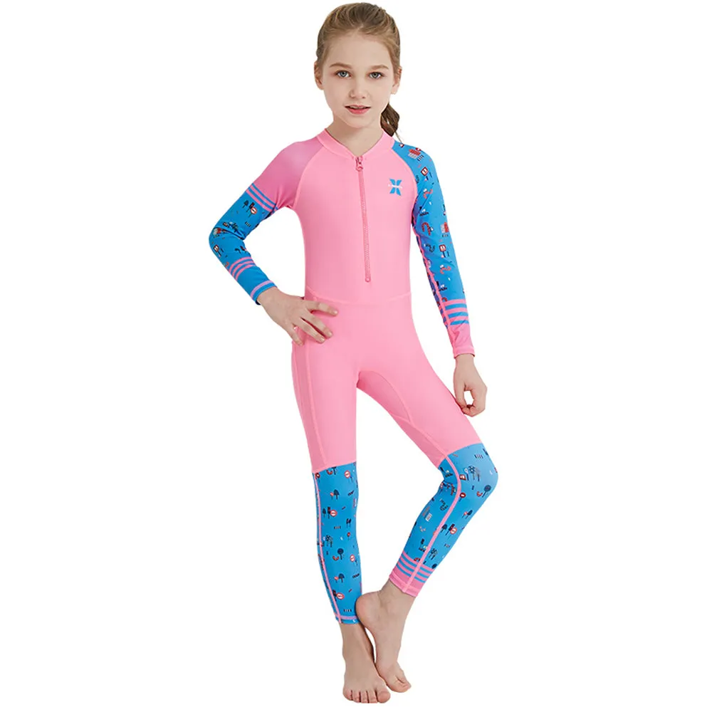 Full Sleeves Kids Swimwear Pink and Blue Transport theme, UPF 50 