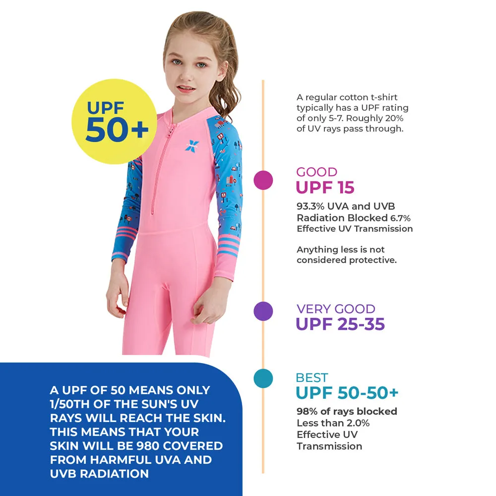 Full Sleeves Kids Swimwear Pink and Blue Transport theme, UPF 50 
