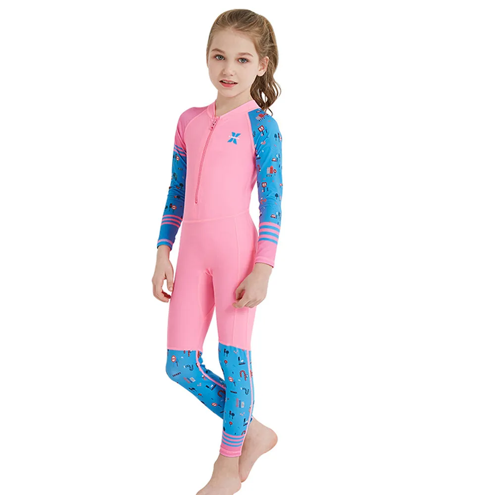 Full Sleeves Kids Swimwear Pink and Blue Transport theme, UPF 50 