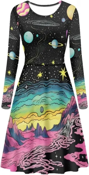 GLUDEAR Women's Van Gogh Art 3D Print Long Sleeve Unique Casual Flared Midi Dress