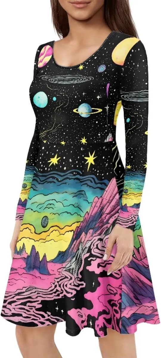 GLUDEAR Women's Van Gogh Art 3D Print Long Sleeve Unique Casual Flared Midi Dress