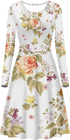 GLUDEAR Women's Van Gogh Art 3D Print Long Sleeve Unique Casual Flared Midi Dress