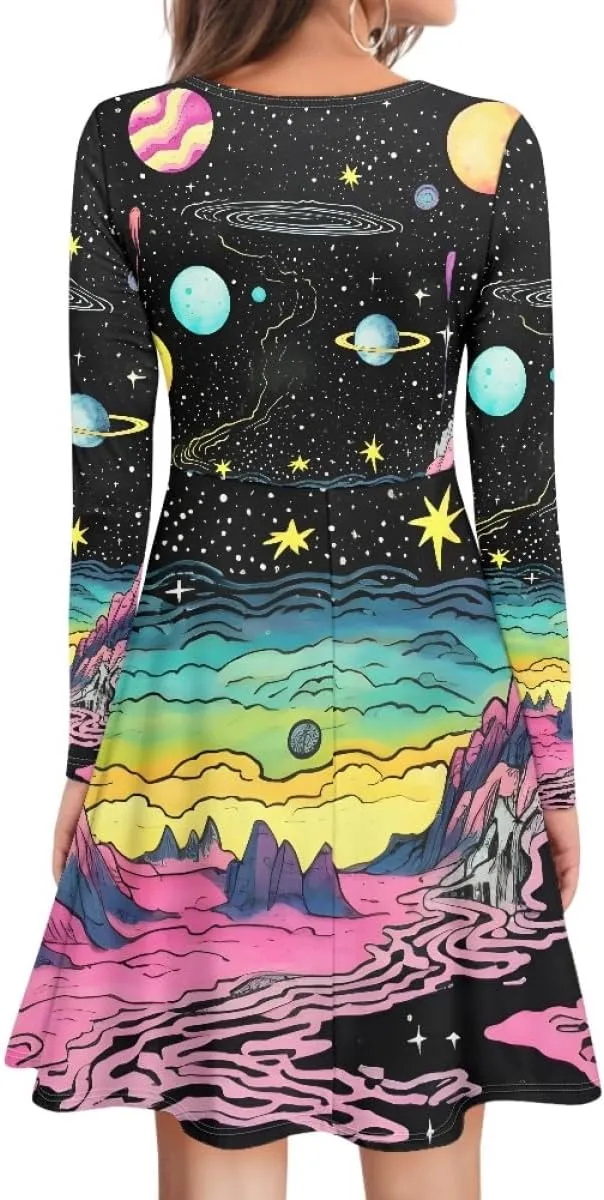 GLUDEAR Women's Van Gogh Art 3D Print Long Sleeve Unique Casual Flared Midi Dress