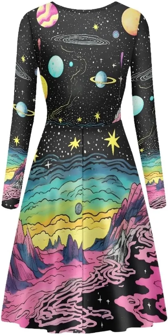 GLUDEAR Women's Van Gogh Art 3D Print Long Sleeve Unique Casual Flared Midi Dress