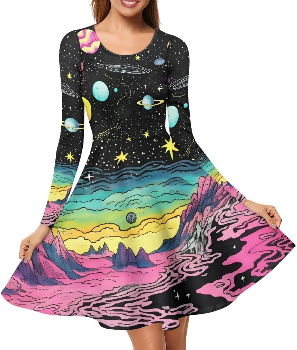 GLUDEAR Women's Van Gogh Art 3D Print Long Sleeve Unique Casual Flared Midi Dress