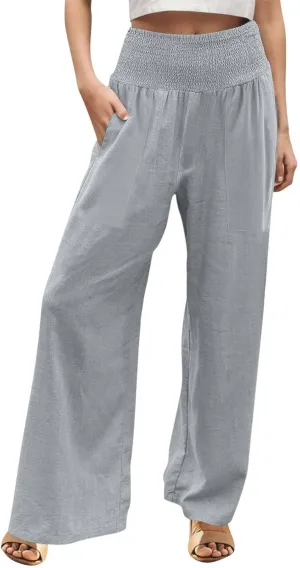 GOFULY Summer Linen Pants Women Wide Leg Cute High Rise Palazzo Pants Elastic Waist 2025 Beach Comfy Solid Clothes Pocket