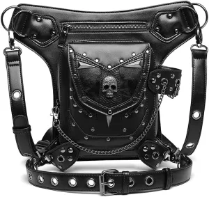 Gothic Vintage Skull Waist Bags Leather Shoulder Crossbody Messenger Bags Thigh Leg Hip Holster Purse for Women Men (WPFriend giftBG097), WPMALuanBG097BK