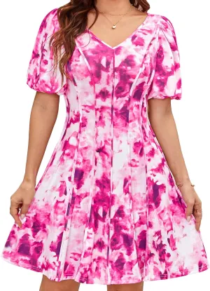 GRACE KARIN Womens Dresses Summer 2025 Floral Pleated Short Sleeve V Neck Casual Party Beach Wedding Guest A Line Flare Dress