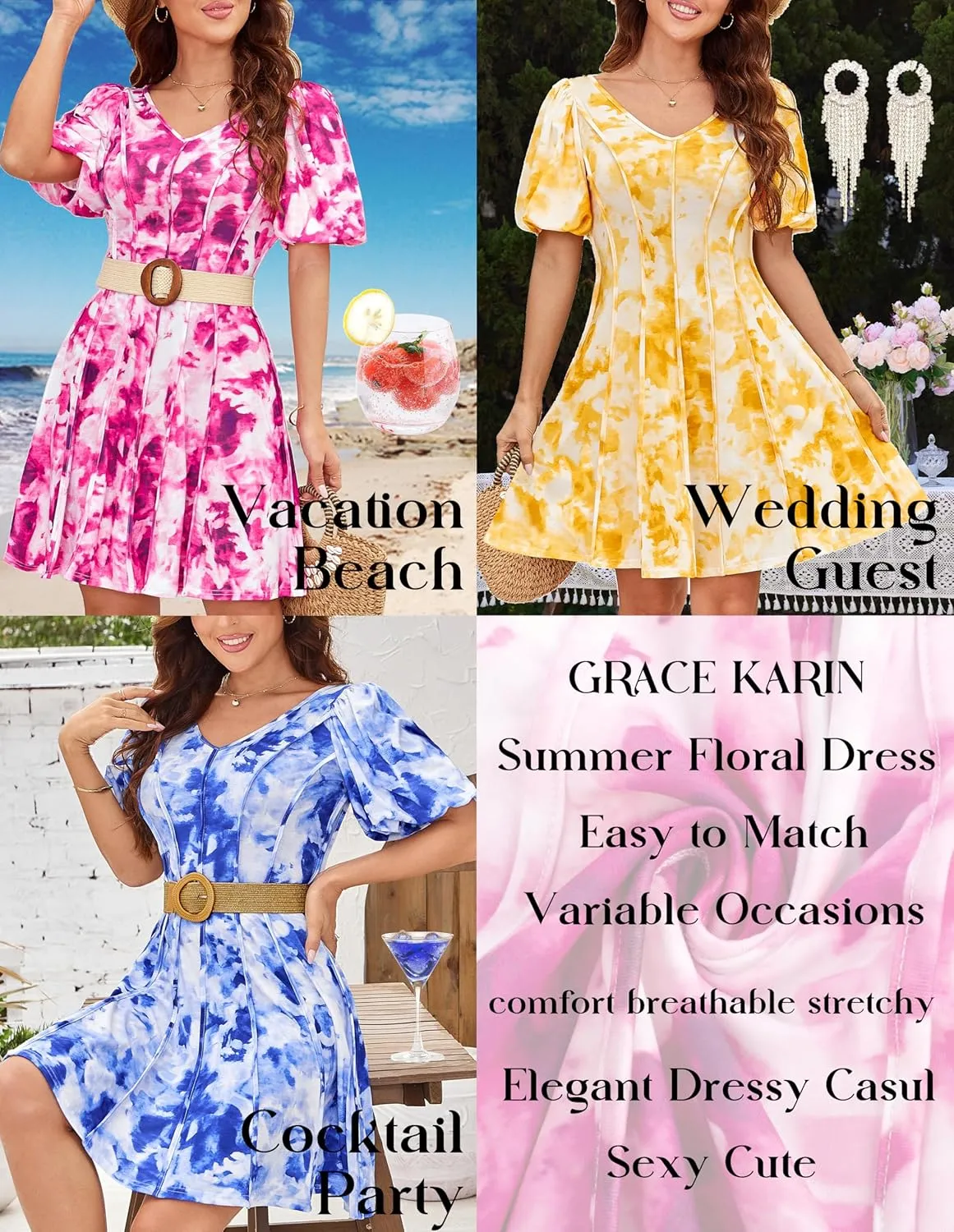 GRACE KARIN Womens Dresses Summer 2025 Floral Pleated Short Sleeve V Neck Casual Party Beach Wedding Guest A Line Flare Dress