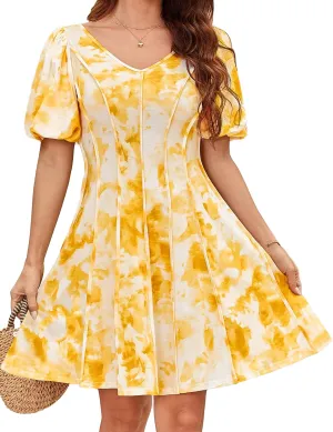 GRACE KARIN Womens Dresses Summer 2025 Floral Pleated Short Sleeve V Neck Casual Party Beach Wedding Guest A Line Flare Dress
