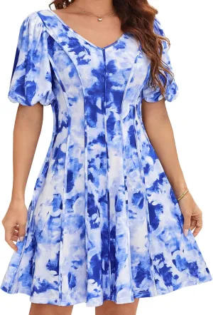 GRACE KARIN Womens Dresses Summer 2025 Floral Pleated Short Sleeve V Neck Casual Party Beach Wedding Guest A Line Flare Dress