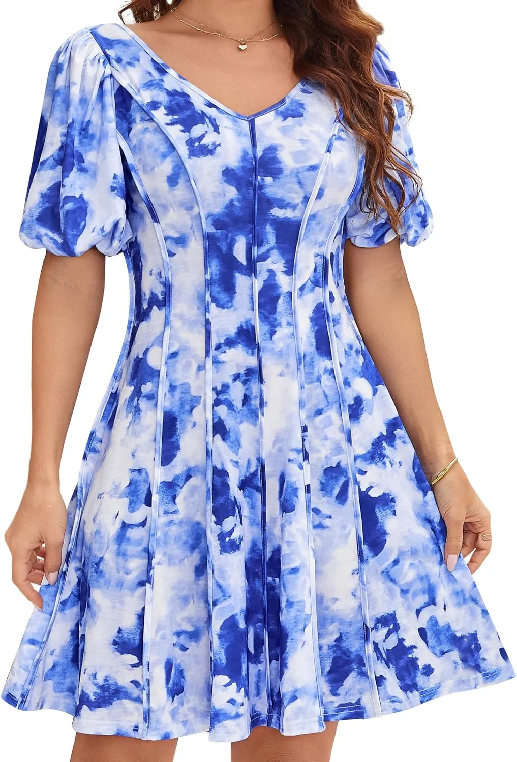 GRACE KARIN Womens Dresses Summer 2025 Floral Pleated Short Sleeve V Neck Casual Party Beach Wedding Guest A Line Flare Dress