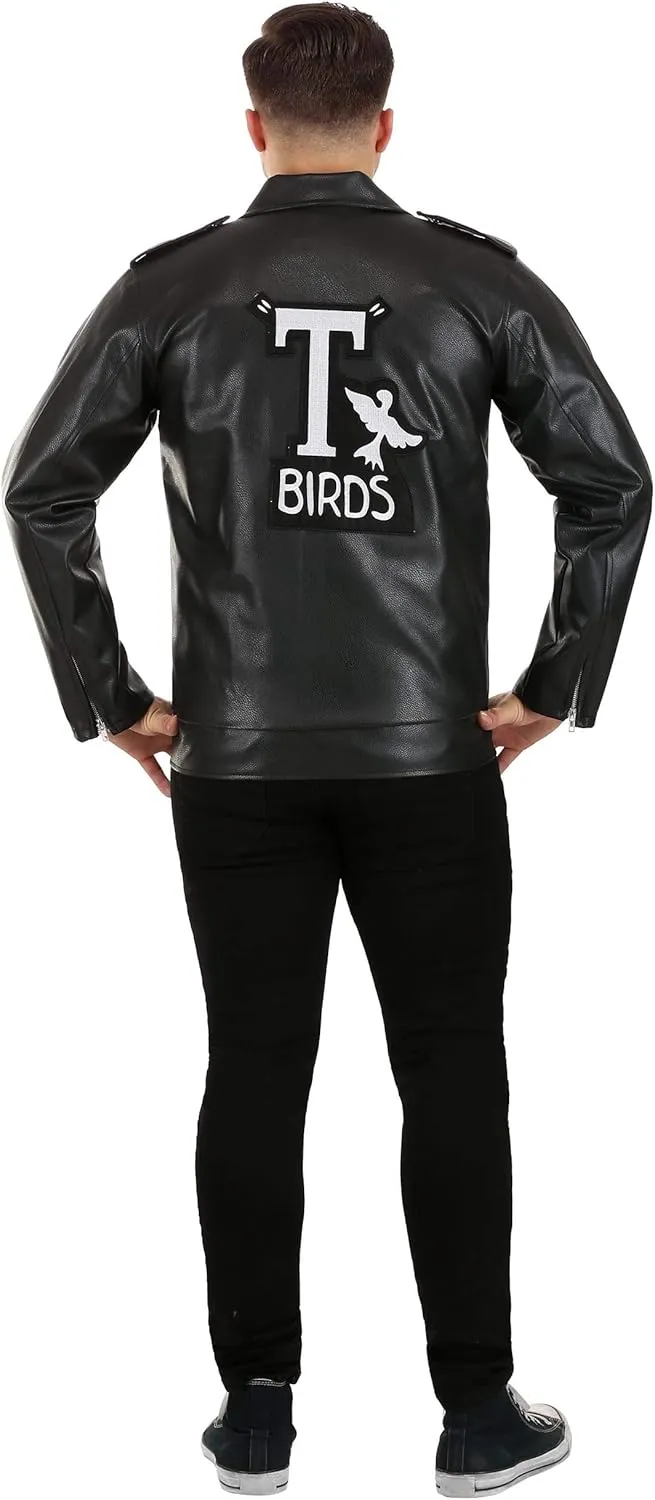 Grease Adult T-Birds Embroidered Jacket Costume Mens, Black 50's Pleather Biker Jacket