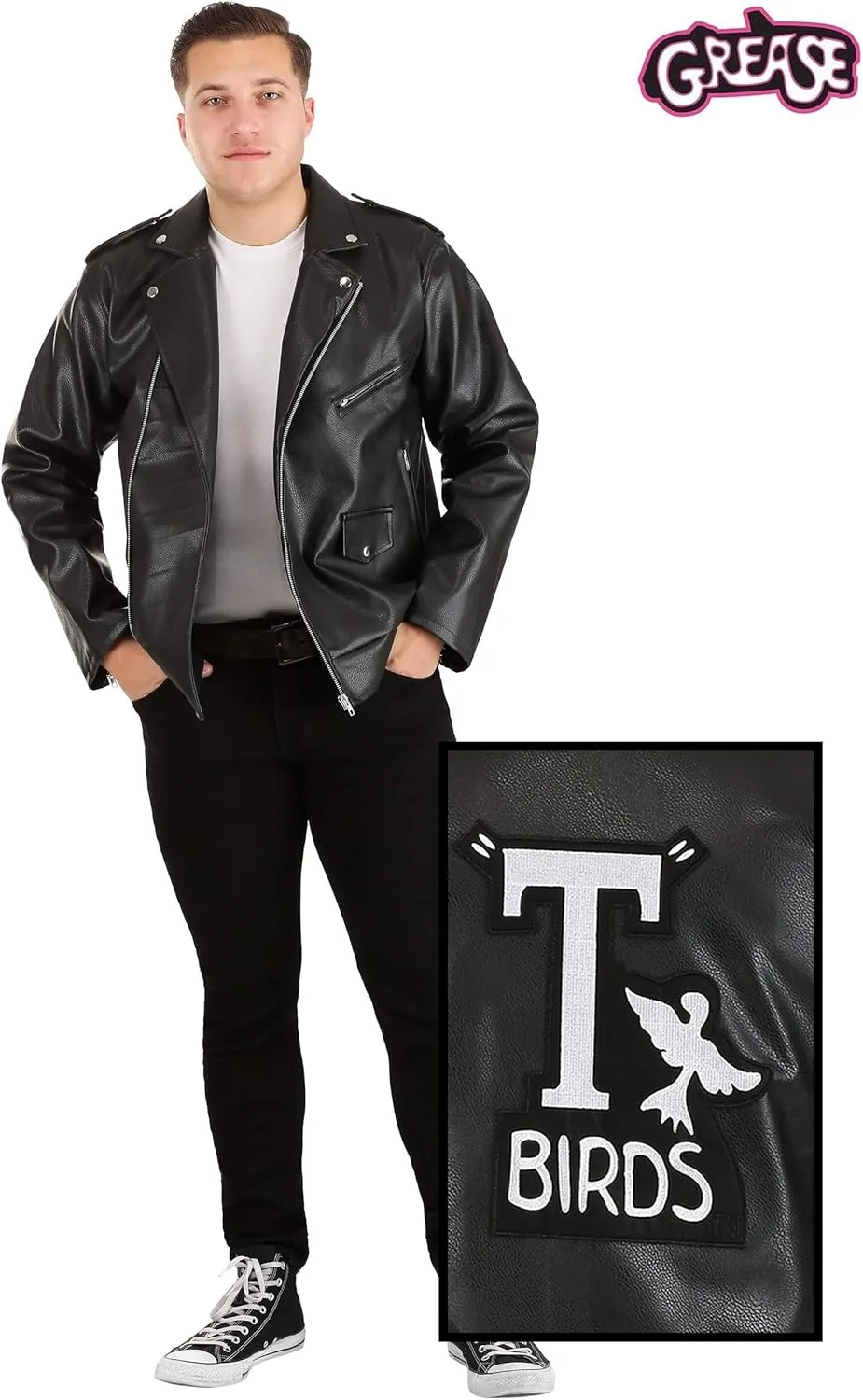 Grease Adult T-Birds Embroidered Jacket Costume Mens, Black 50's Pleather Biker Jacket
