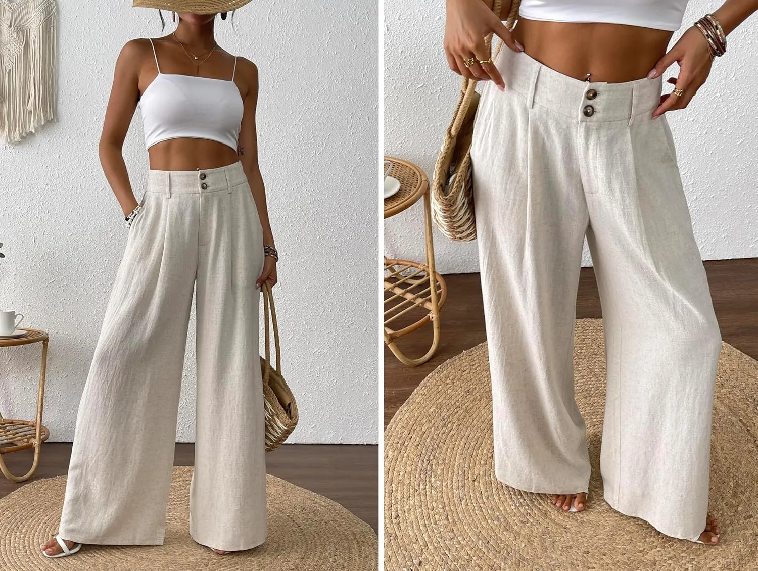 heipeiwa Women's Linen Pants Summer Wide Leg Palazzo Pants Business Casual Loose Dress Vacation Beach Trouser