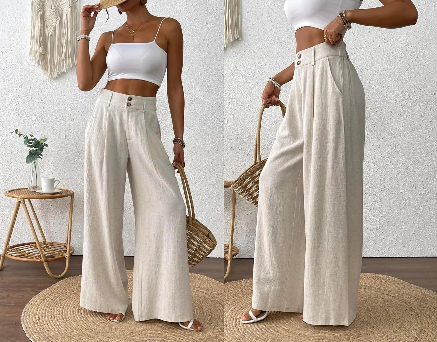 heipeiwa Women's Linen Pants Summer Wide Leg Palazzo Pants Business Casual Loose Dress Vacation Beach Trouser