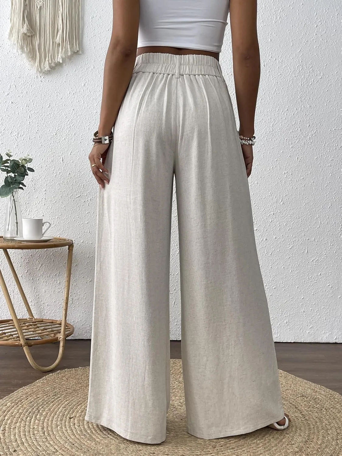 heipeiwa Women's Linen Pants Summer Wide Leg Palazzo Pants Business Casual Loose Dress Vacation Beach Trouser