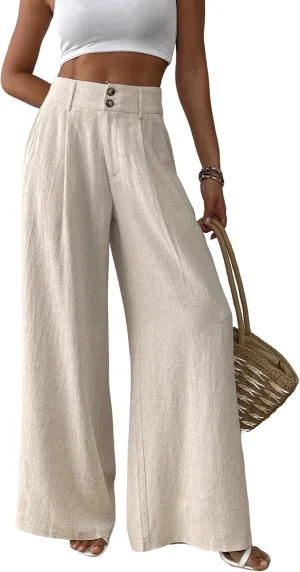 heipeiwa Women's Linen Pants Summer Wide Leg Palazzo Pants Business Casual Loose Dress Vacation Beach Trouser
