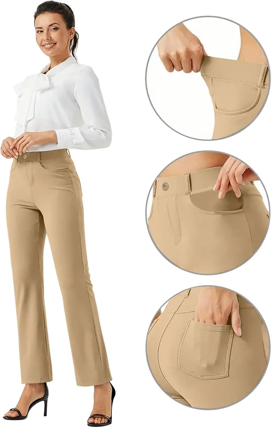 High Waist Work Pants for Women Casual Straight Leg Trousers Stretch Waist Basic Solid Color Office Dress Pants