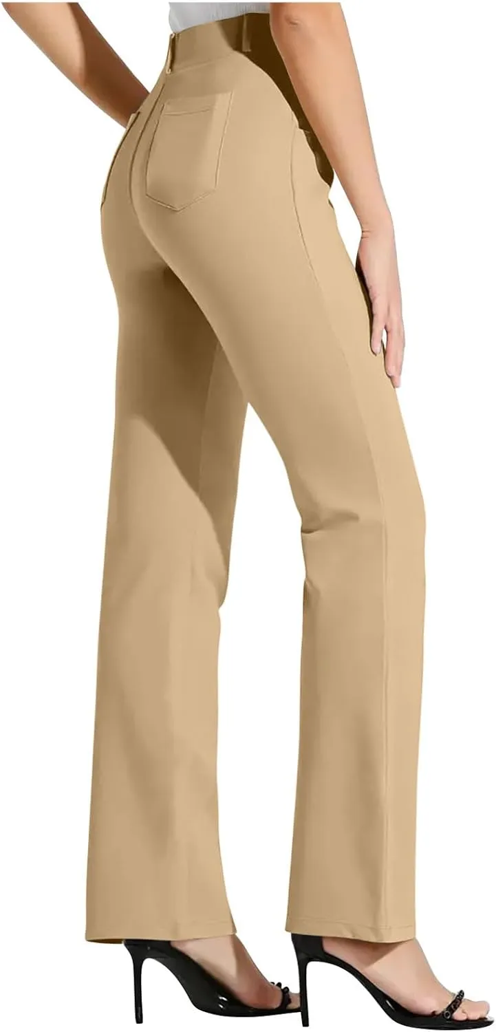 High Waist Work Pants for Women Casual Straight Leg Trousers Stretch Waist Basic Solid Color Office Dress Pants