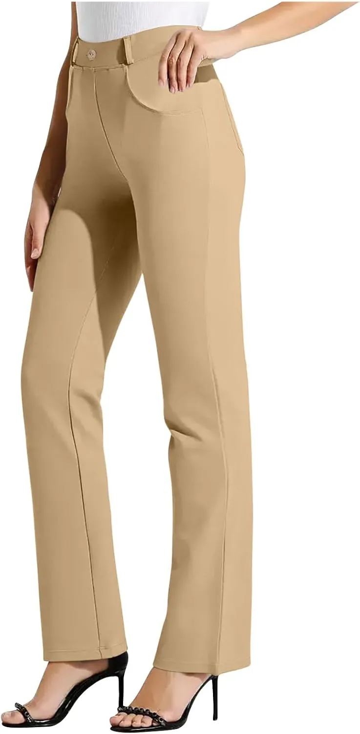 High Waist Work Pants for Women Casual Straight Leg Trousers Stretch Waist Basic Solid Color Office Dress Pants