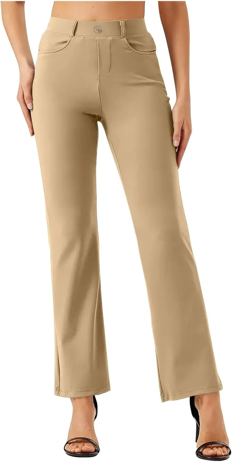 High Waist Work Pants for Women Casual Straight Leg Trousers Stretch Waist Basic Solid Color Office Dress Pants