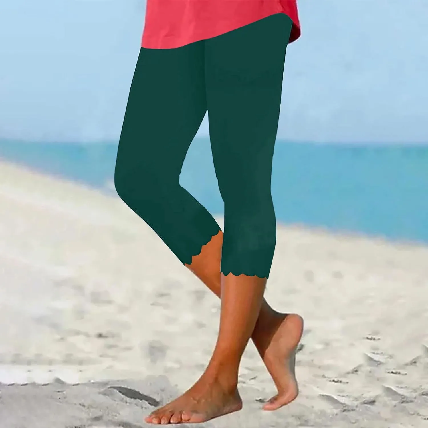 High Waisted Capri Leggings for Women Workout Running Yoga Pants Casual Summer Solid Color Beach Cropped Trousers