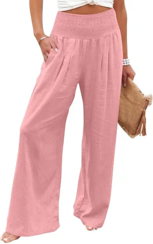 High Waisted Linen Pants Women Wide Leg Palazzo Pants Summer Smocked Casual Pant Work to Lounge Trousers with Pockets