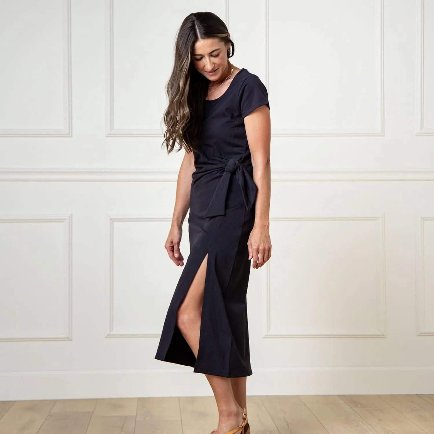 Hope & Henry Women's Short Sleeve Tie-Front Knit Dress