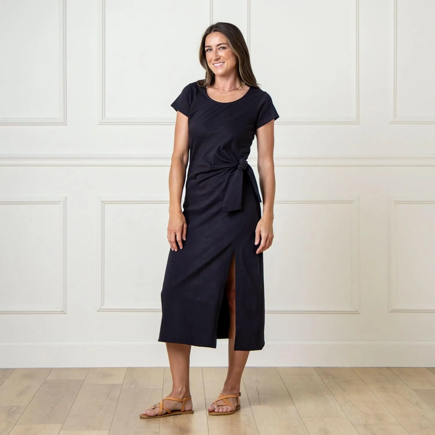 Hope & Henry Women's Short Sleeve Tie-Front Knit Dress